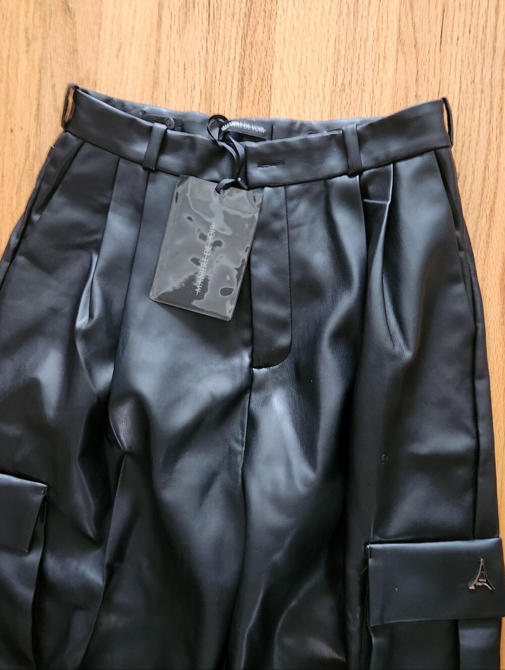 NWT Maniere De Voir Black Faux Leather Wide Leg Cargo Pants Size 8 - Picture 6 of 9